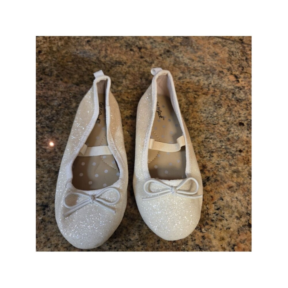 Girls Cat & Jack Glitter Ballet Flats, White/Silver, Size 9 Toddler